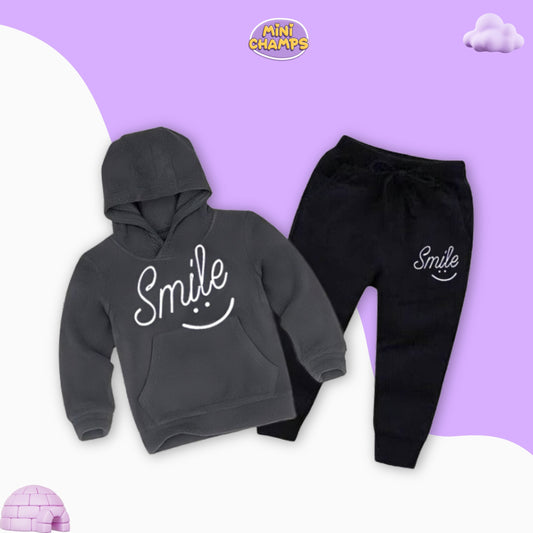 Smile Printed Hoodie & Trouser Set - Dark Grey