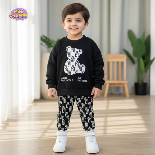 Black Bear Printed Sweatshirt Set