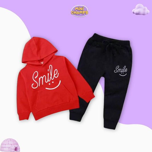 Smile Printed Hoodie & Trouser Set - Red