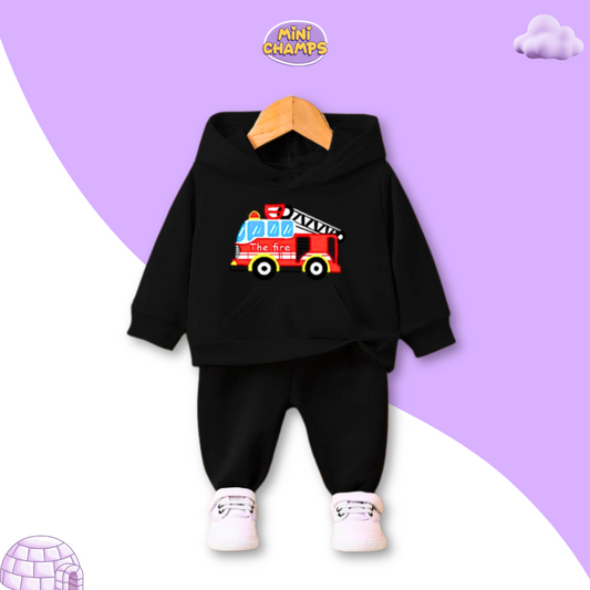 Fire Truck Printed Sweatshirt Set - Black