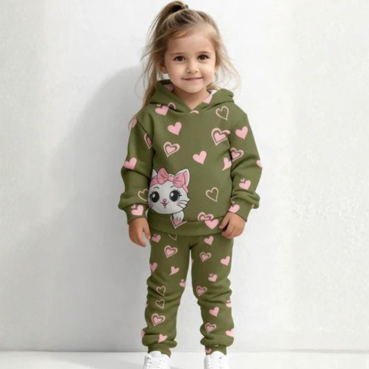 Kitty Hearts Printed Sweatshirt and Trouser - Green