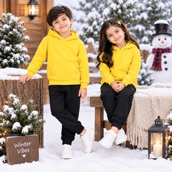 Kids Premium yellow Fleece Hoodie & Black Jogger Winter Tracksuit