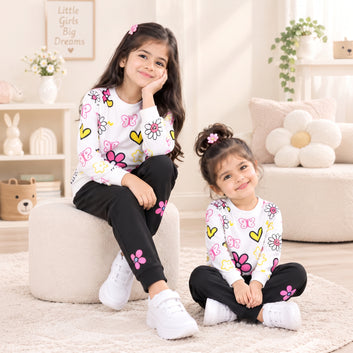Kids Floral & Butterfly Print Sweatshirt with Plain Bottom Trouser Set – Winter Casual Wear