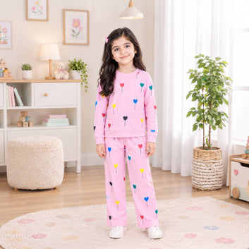 Girls Pink Heart Balloon Print Winter Sweatshirt & Trouser Set – 2 Piece