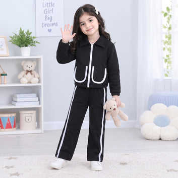 Kids Black Quilted Winter Zipper Jacket & Trouser Set – 2 Piece | Boys & Girls
