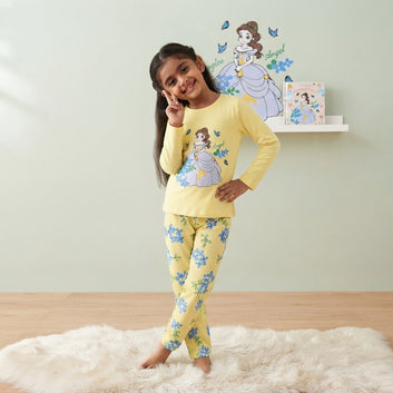 Girls Princess Angel Yellow Floral Printed 2-Piece Night Suit
