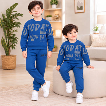 Kids Blue Printed Winter Tracksuit Set
