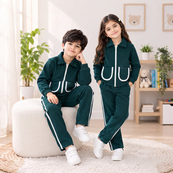 Kids green Quilted Winter Zipper Jacket & Trouser Set – 2 Piece | Boys & Girls