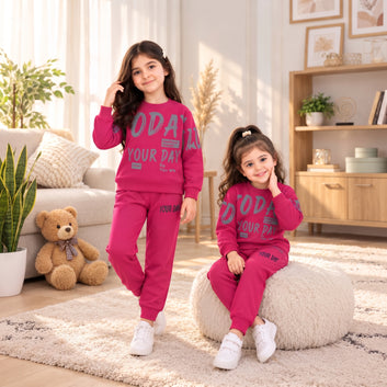 Kids pink Printed Winter Tracksuit Set
