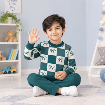 Girls teal green Bow Print Winter Sweatshirt & Trouser Set – 2 Piece