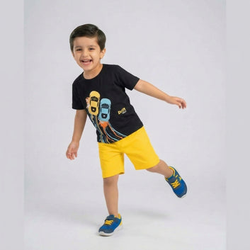 Kids Summer Cotton Black T-Shirt with Yellow Shorts Outfit