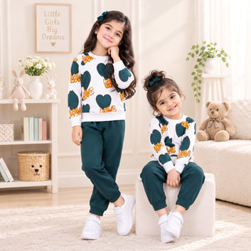 Kids Heart & Love Print Sweatshirt with Plain Bottom Trouser Set – Winter Casual Wear