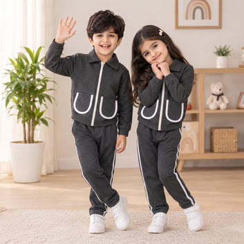 Kids grey Quilted Winter Zipper Jacket & Trouser Set – 2 Piece | Boys & Girls