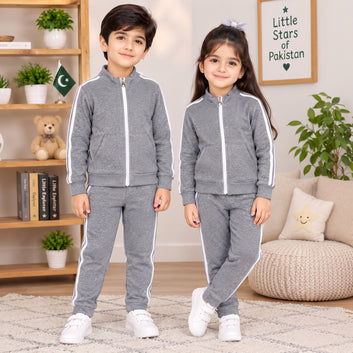 Kids Premium grey & White Striped Zipper Tracksuit – Winter Collection
