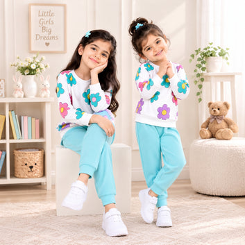 Girls Floral Printed Sweatshirt & Jogger Set – Aqua Blue