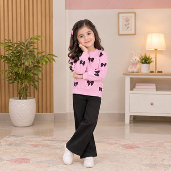 Girls Winter Pink Bow Print Sweatshirt & Black Pants Set