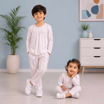Unisex Kids' Pastel Striped Cotton Pajama Set (Top & Trouser)