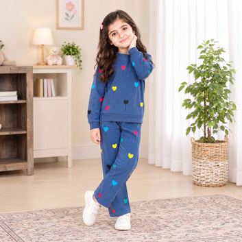 Girls Premium Blue Multicolor Heart Printed Sweatshirt & Trouser Set – Winter Collection