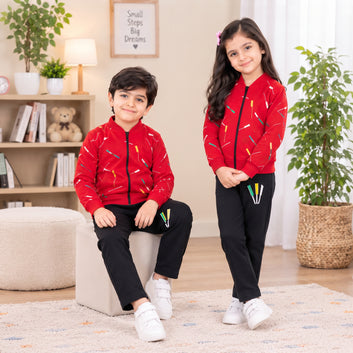 Kids Premium Red Printed Zipper Jacket & Black Trouser Tracksuit – Winter Collection