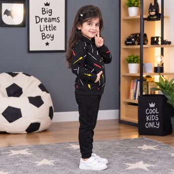 Kids Premium black Printed Zipper Jacket & Black Trouser Tracksuit – Winter Collection