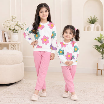 Girls Floral Printed Sweatshirt & Jogger Set – Pink