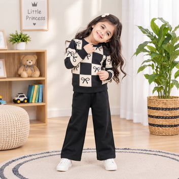 Girls black Bow Print Winter Sweatshirt & Trouser Set – 2 Piece