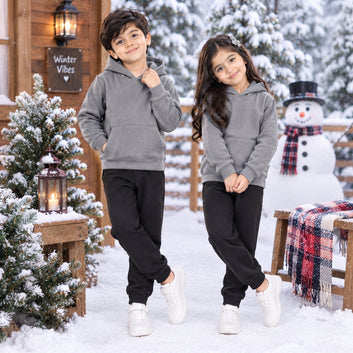 Kids Premium grey Fleece Hoodie & Black Jogger Winter Tracksuit