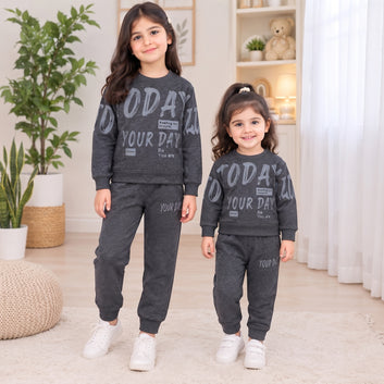 Kids Grey Printed Winter Tracksuit Set