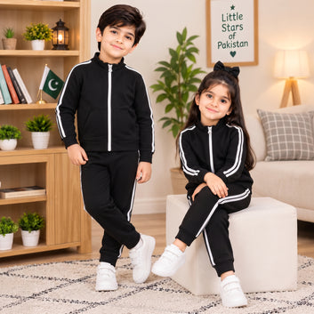 Kids Premium Black & White Striped Zipper Tracksuit – Winter Collection