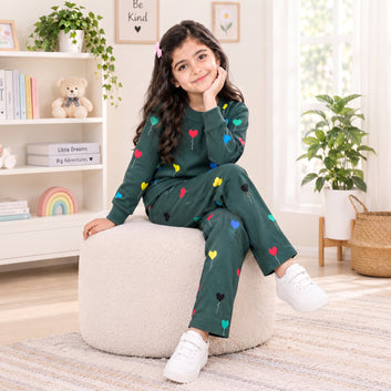 Girls Green Multicolor Heart Print Winter Tracksuit – 2 Piece Set