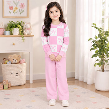 Girls Pink Bow Print Winter Sweatshirt & Trouser Set – 2 Piece