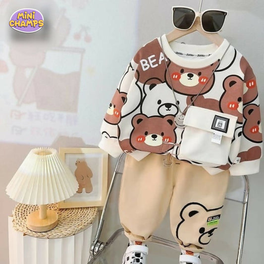 Cute Bear Printed Sweatshirt Set - White