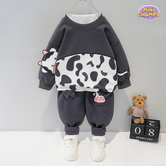 Cow Print Sweatshirt Set - Grey & White