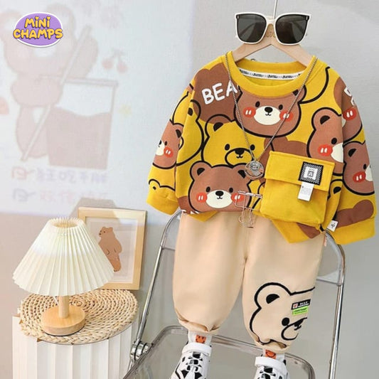 Cute Bear Printed Sweatshirt Set - Yellow