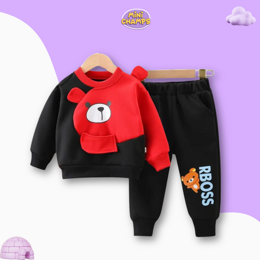 RBOSS Bear Printed Sweatshirt Set - Red & Black