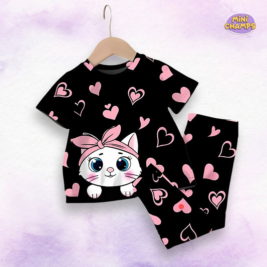 Black Kitty With Pink Hearts Casual kids Wear