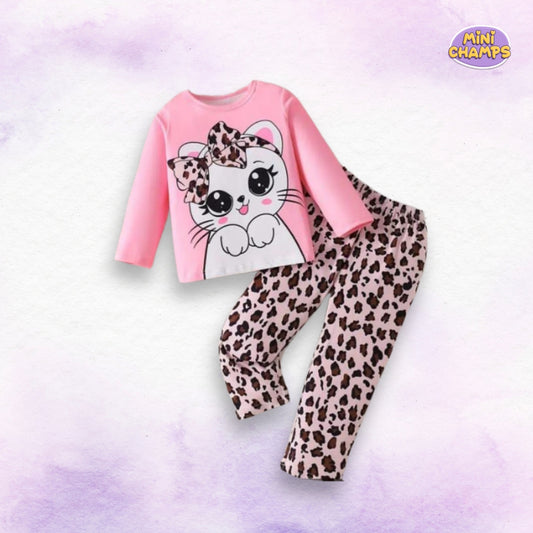 Pink Cat Printed Casual Kids Wear