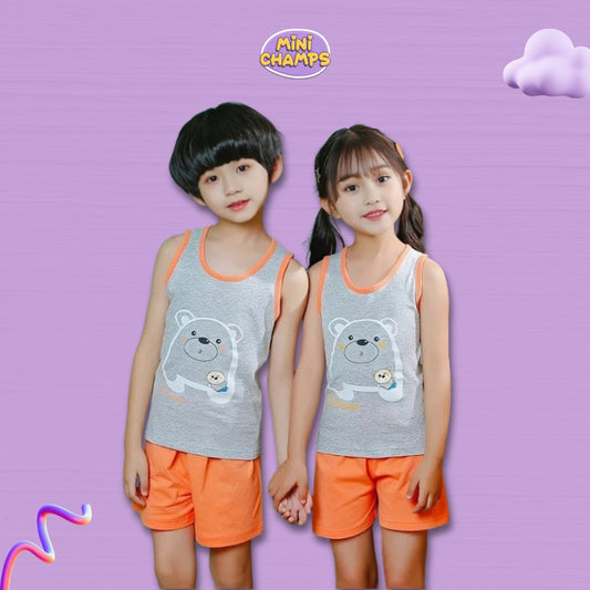 Kids Sleeveless Suit - Orange n Grey Bear