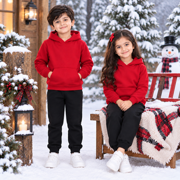 Kids Premium Red Fleece Hoodie & Black Jogger Winter Tracksuit