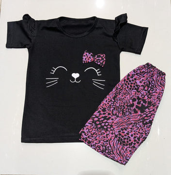 Girls Cute Cat Print Summer Outfit – Soft Top & Shorts Set