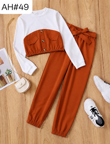 Girls Teal & White Button Detail Jogger Set