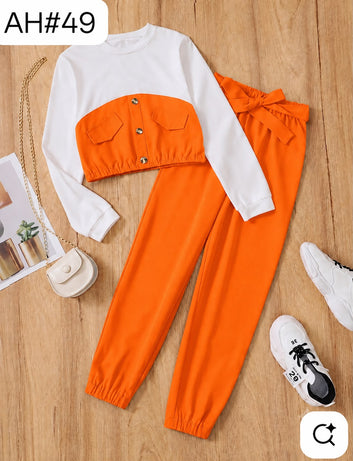 Girls Teal & White Button Detail Jogger Set