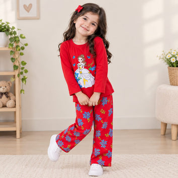 Girls Princess Angel Yellow Floral Printed 2-Piece Night Suit