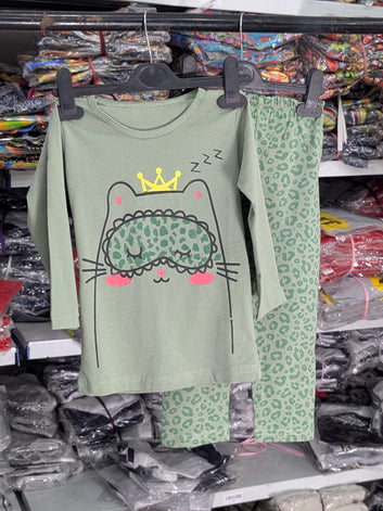 💚 Sleepy Kitty Girls 2-Piece Lounge Set – Olive Green