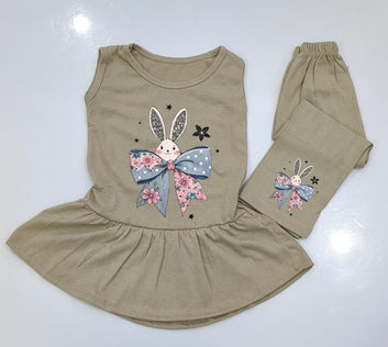 🐰✨ Cute Bunny Bow Girls 2-Piece Peplum Set – Beige