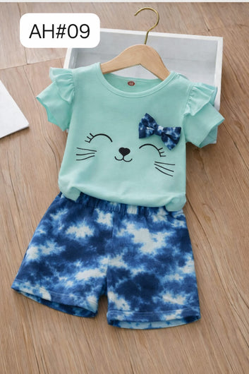 Cute Kitty Bow Girls 2-Piece Summer Set – Mint Green Top & Blue Tie-Dye Shorts