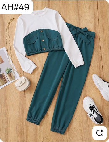 Girls Teal & White Button Detail Jogger Set