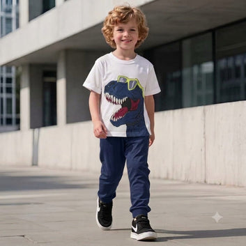 Kids Dinosaur Print T-Shirt & Navy Jogger Set – Trendy Casual Outfit