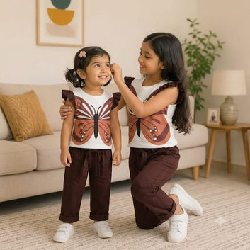 Flutter-Sleeve Butterfly Frock (Brown) Style Pants Set for Girls
