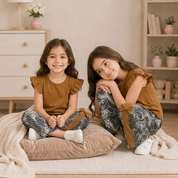 Kids Brown Flutter-Sleeve Top & Tropical Bow-Accent Wide-Leg Set for Girls